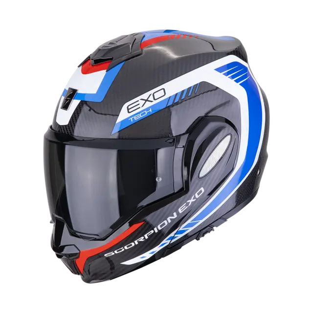 Scorpion EXO-TECH EVO CARBON Carbon Åpningshjelm i Rød/Hvit/Blå 